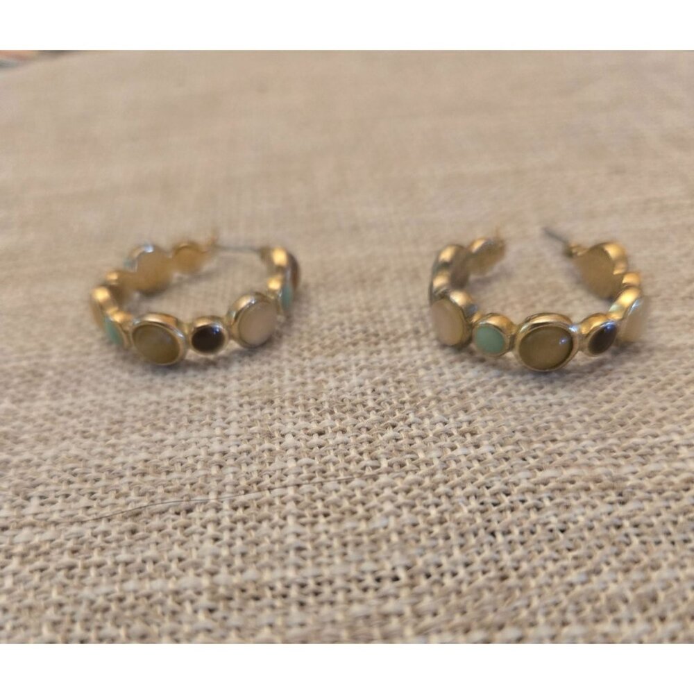 Scalloped‎ Hoop Earrings With Multicolor Stone  Cabochon Accents Boho Retro